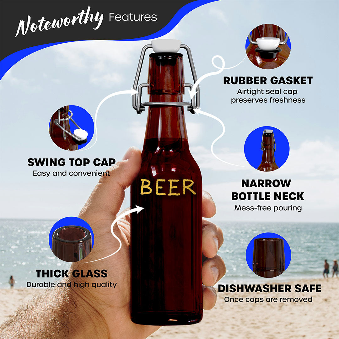 Nevlers 8.5 oz Amber Swing Top Glass Beer Bottles (Pack of 18) | Includes Funnel, Brush, Shrink Wrap, Paper Tags and Marker