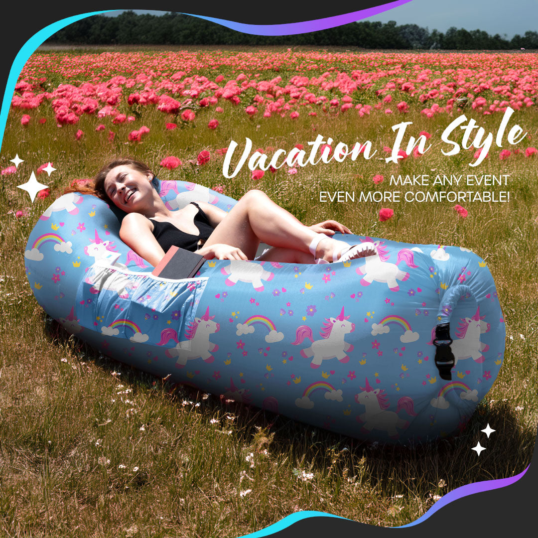 Nevlers Unicorn Print Inflatable Lounger with Travel Bag and Pockets