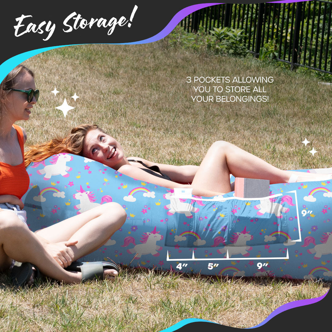 Nevlers Unicorn Print Inflatable Lounger with Travel Bag and Pockets