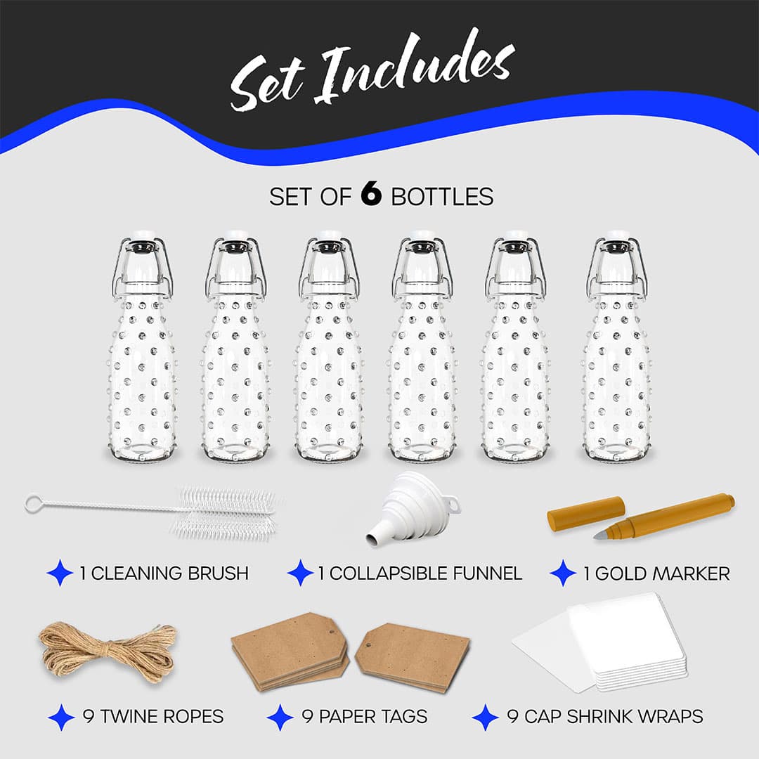 Nevlers 8.5 oz Dotted Swing Top Bottles (Pack of 6) | Includes Funnel, Brush, Tags, Shrink Wrap and Marker