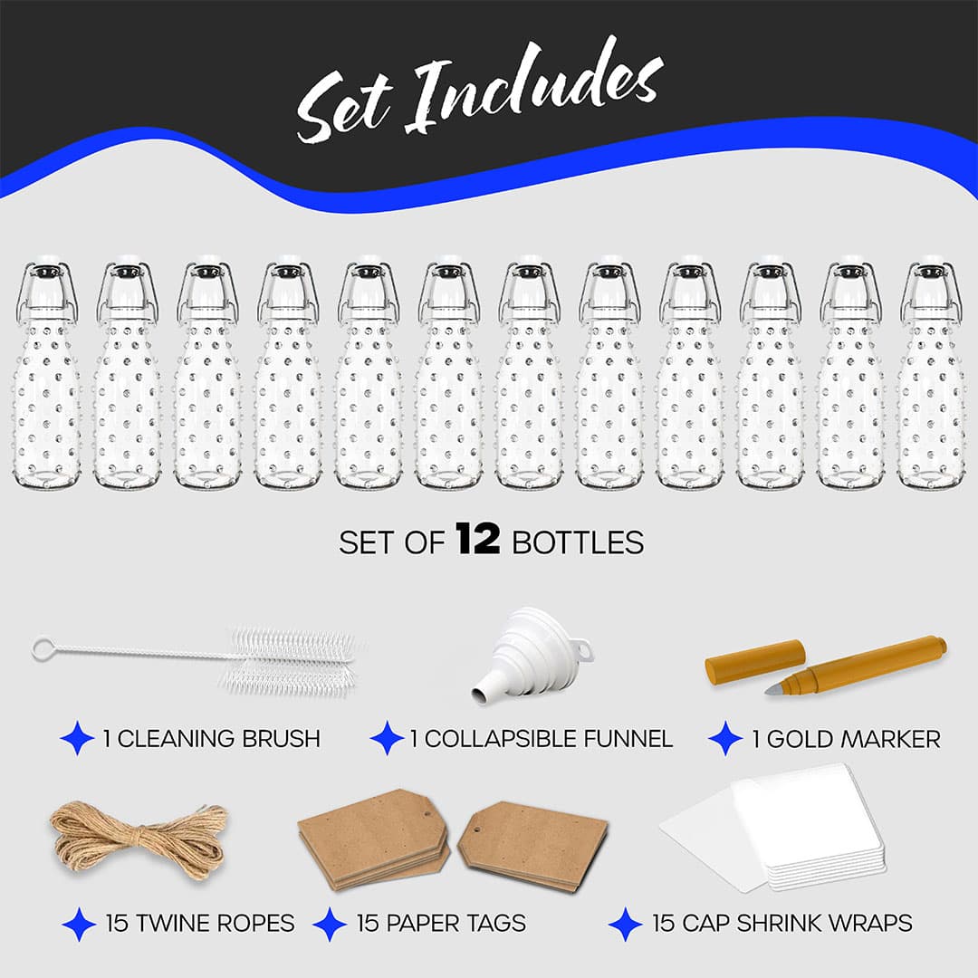 Nevlers 8.5 oz Dotted Swing Top Bottles (Pack of 12) | Includes Funnel, Brush, Tags, Shrink Wrap and Marker