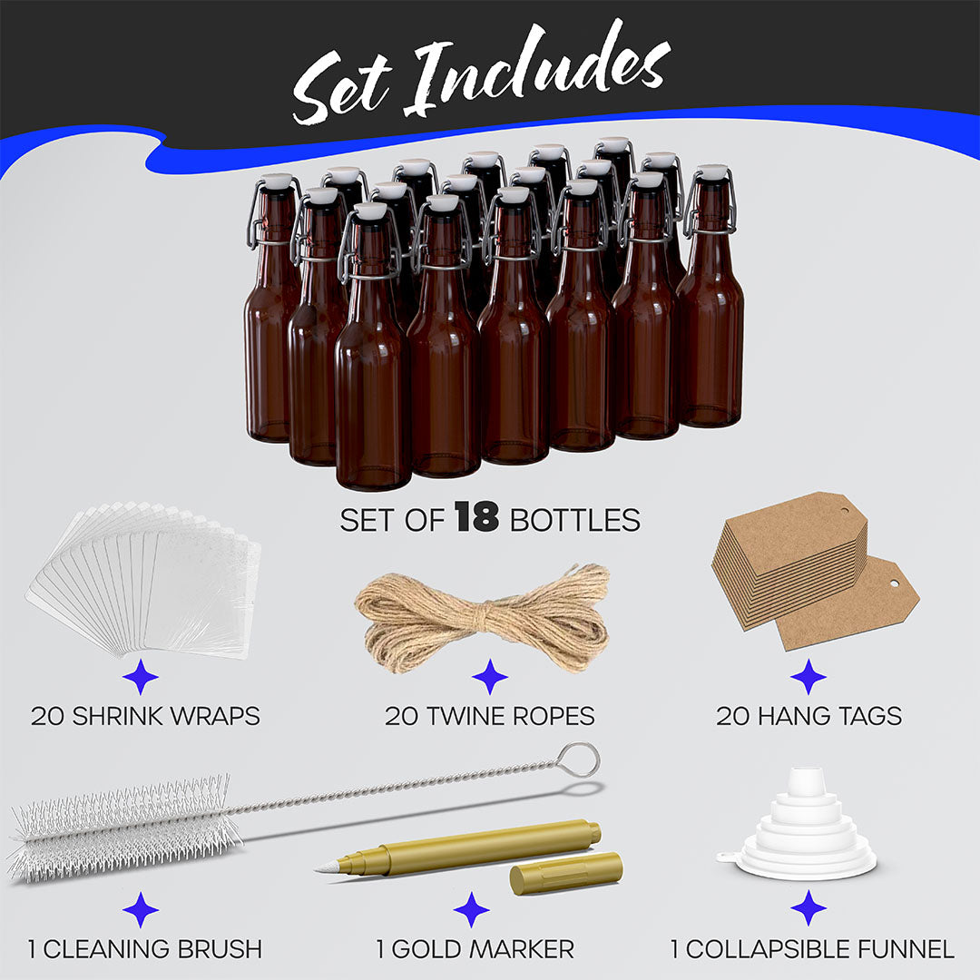 Nevlers 8.5 oz Amber Swing Top Glass Beer Bottles (Pack of 18) | Includes Funnel, Brush, Shrink Wrap, Paper Tags and Marker