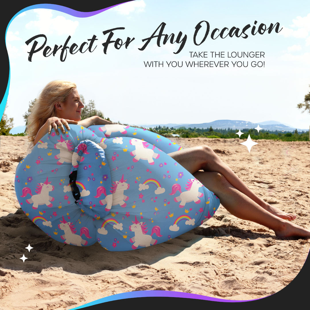 Nevlers Unicorn Print Inflatable Lounger with Travel Bag and Pockets