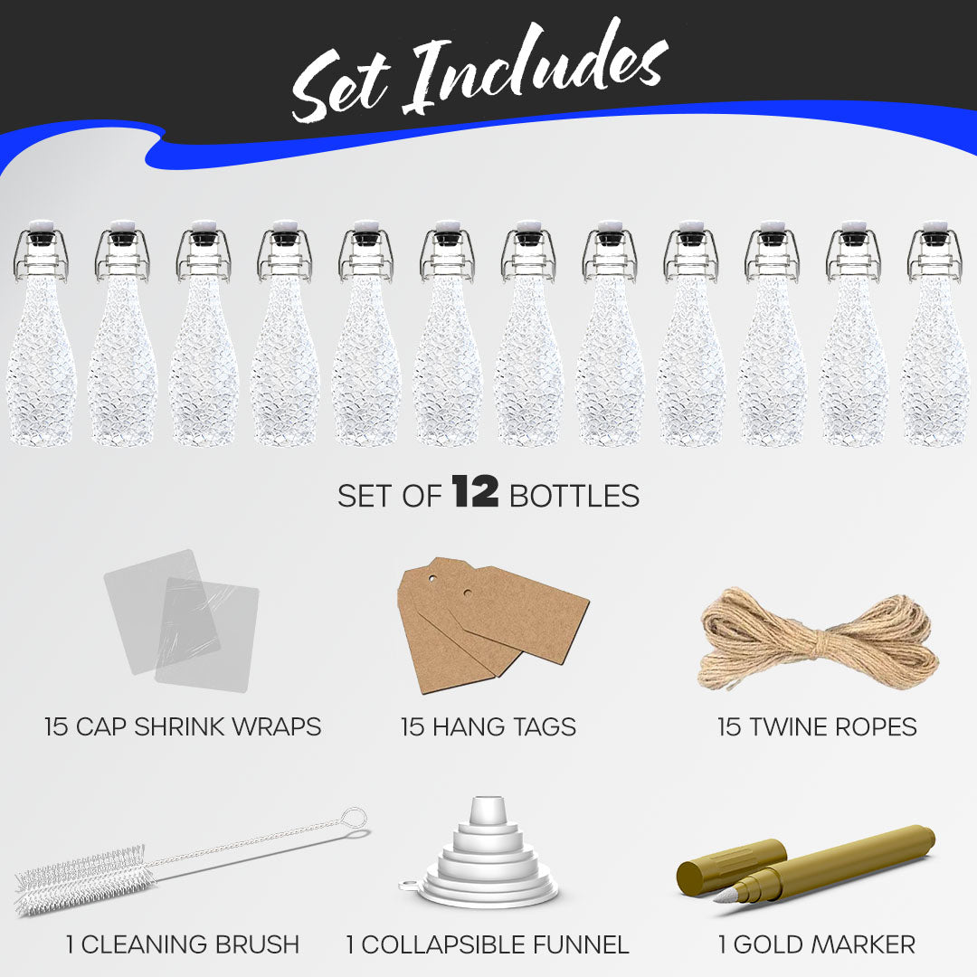 Nevlers 8.5 oz Textured Swing Top Bottles (Pack of 12) | Includes Funnel, Brush, Tags, Shrink Wrap and Marker