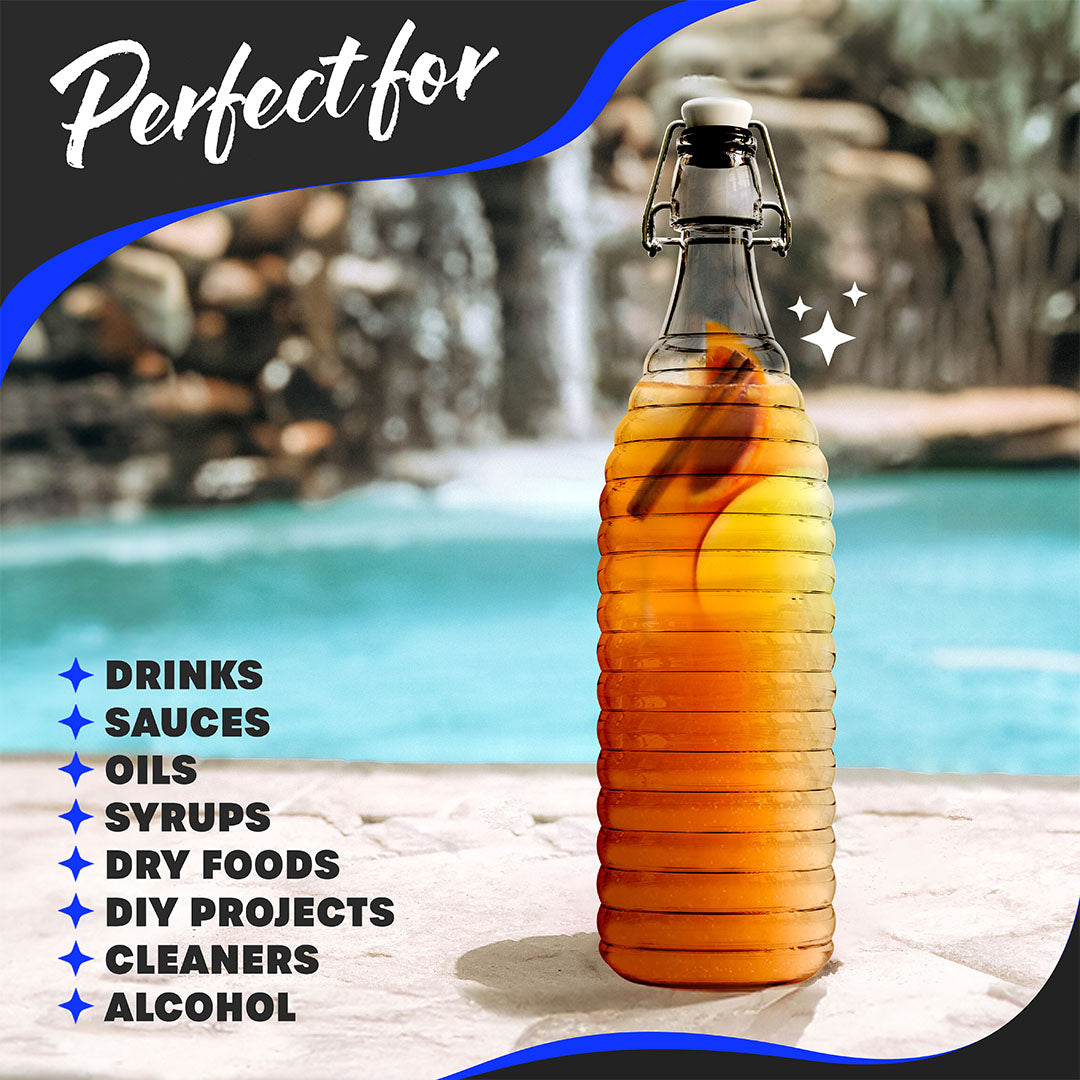 Nevlers 33 oz Ringed Swing Top Glass Bottles (Pack of 6) | Includes Funnel, Brush, Tags, Shrink Wrap and Marker