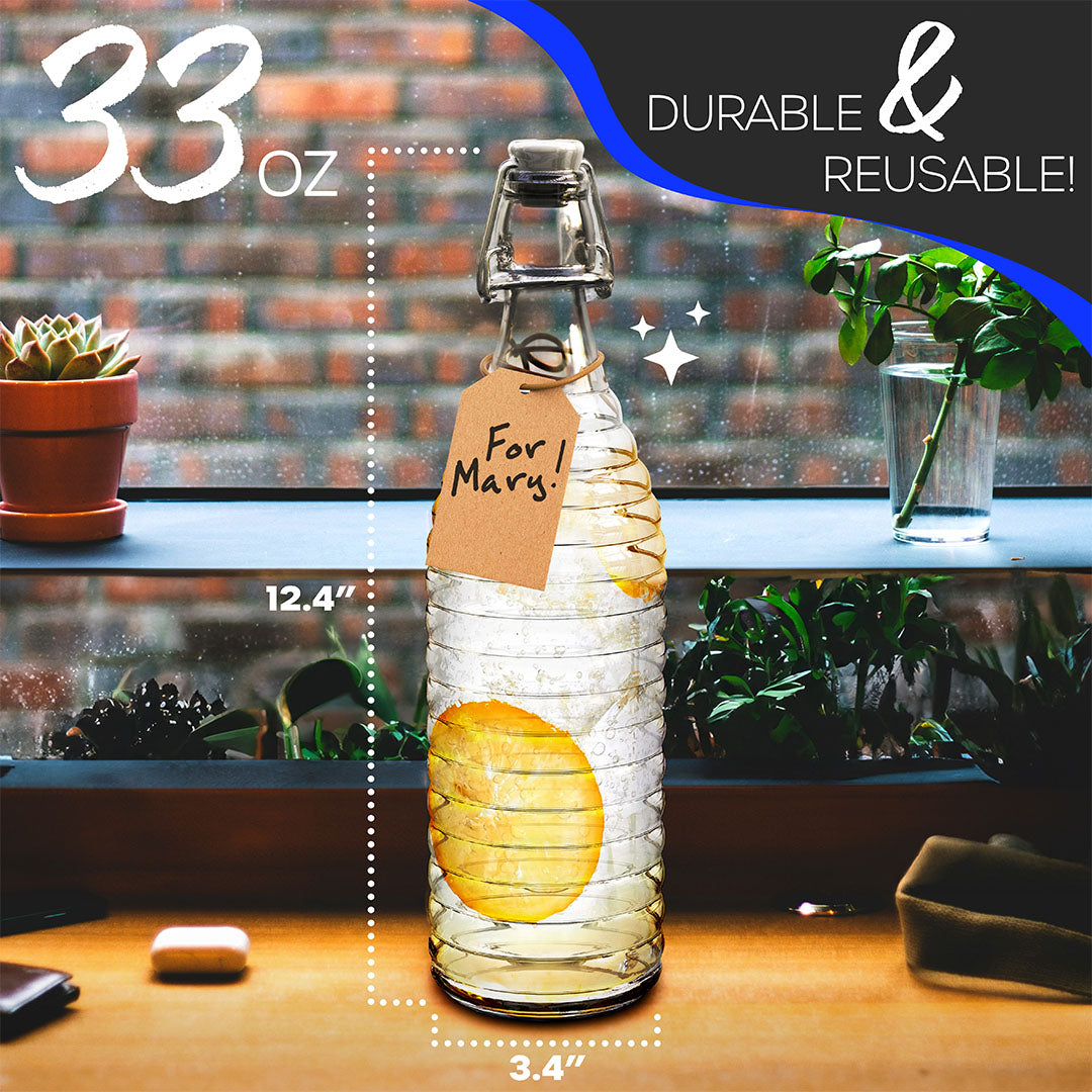 Nevlers 33 oz Ringed Swing Top Glass Bottles (Pack of 6) | Includes Funnel, Brush, Tags, Shrink Wrap and Marker