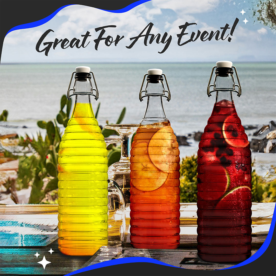 Nevlers 33 oz Ringed Swing Top Glass Bottles (Pack of 6) | Includes Funnel, Brush, Tags, Shrink Wrap and Marker