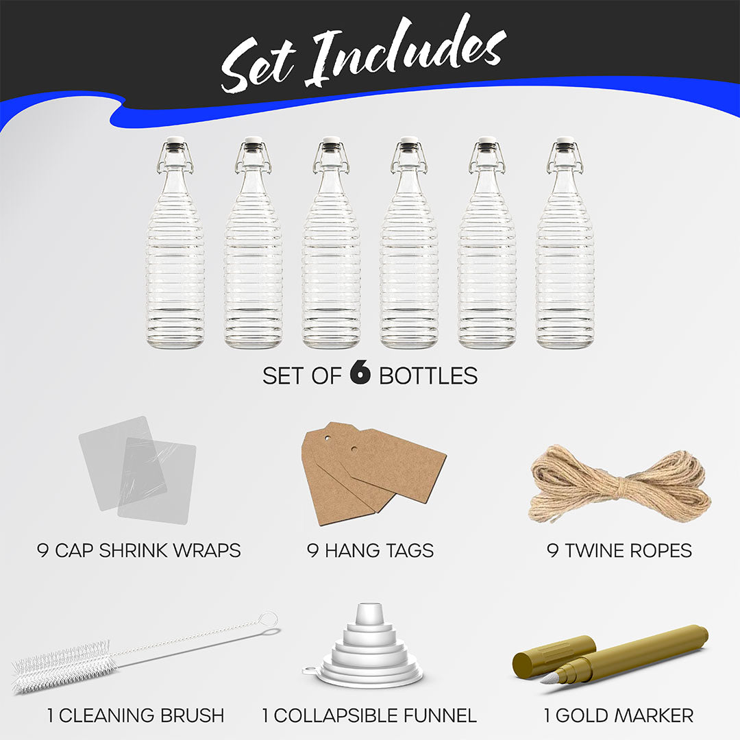 Nevlers 33 oz Ringed Swing Top Glass Bottles (Pack of 6) | Includes Funnel, Brush, Tags, Shrink Wrap and Marker