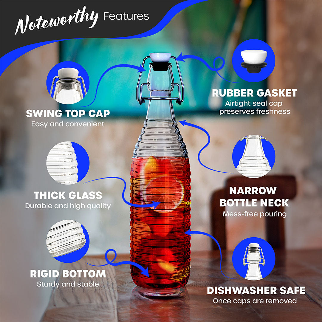 Nevlers 33 oz Ringed Swing Top Glass Bottles (Pack of 6) | Includes Funnel, Brush, Tags, Shrink Wrap and Marker