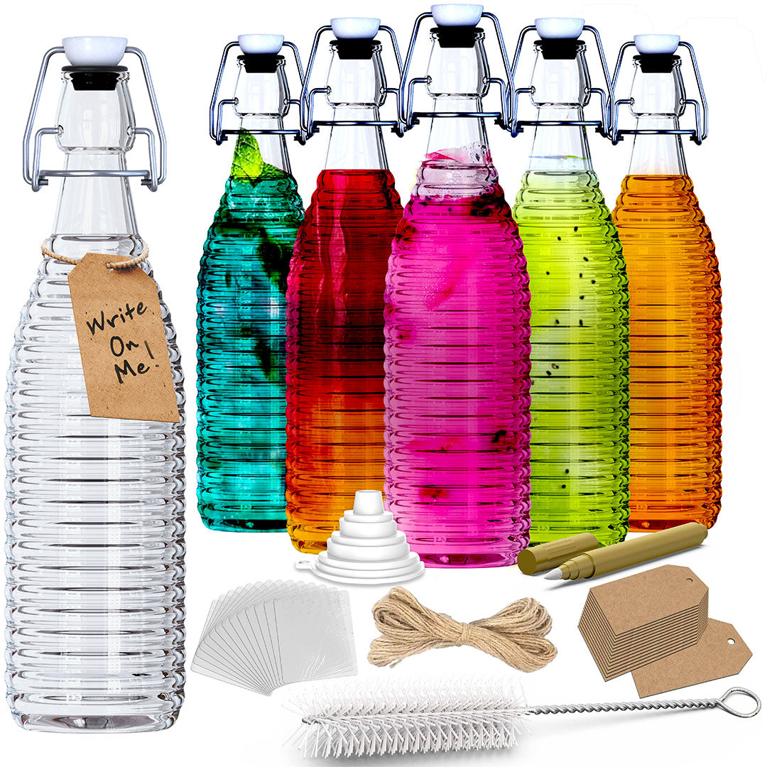 Nevlers 33 oz Ringed Swing Top Glass Bottles (Pack of 6) | Includes Funnel, Brush, Tags, Shrink Wrap and Marker