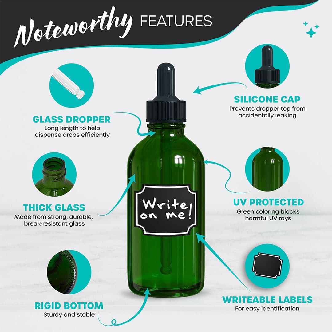 Nevlers 4 oz Green Glass Dropper Bottle (Set of 24) | Includes Shrink Wrap, Funnel, Brush, Marker and Labels