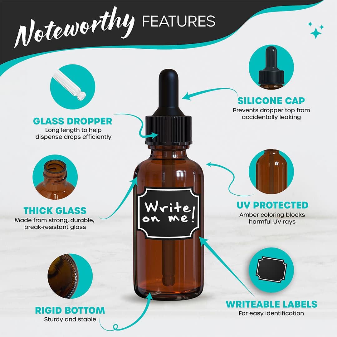 Nevlers 1 oz Amber Glass Dropper Bottle (Set of 48) | Includes Labels, Shrink Wrap, Brush and Marker