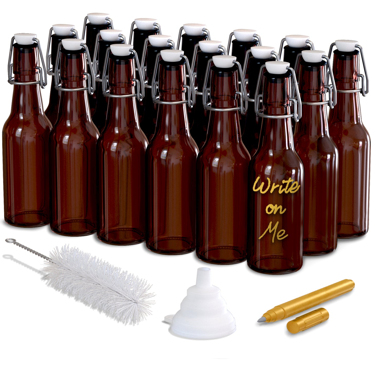 Nevlers 8.5 oz Amber Swing Top Glass Beer Bottles (Pack of 18) | Includes Funnel, Brush and Marker