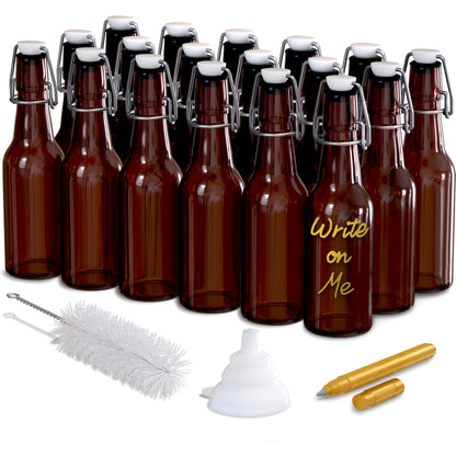 Nevlers 8.5 oz Amber Swing Top Glass Beer Bottles (Pack of 18) | Includes Funnel, Brush and Marker