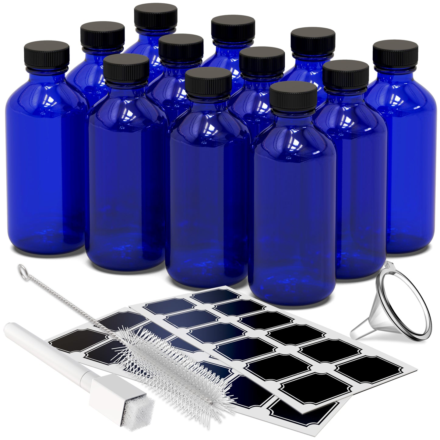 Blue Glass Boston Bottles with Twist Caps - 8 Oz