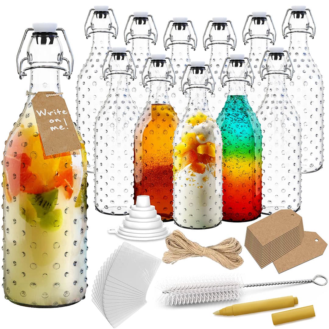 Nevlers 17 oz Dotted Swing Top Bottles (Pack of 12) | Includes Funnel, Brush, Tags and Shrink Wrap