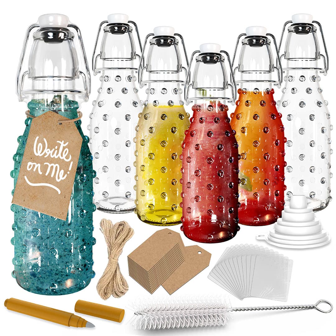 Nevlers 8.5 oz Dotted Swing Top Bottles (Pack of 6) | Includes Funnel, Brush, Tags and Shrink Wrap