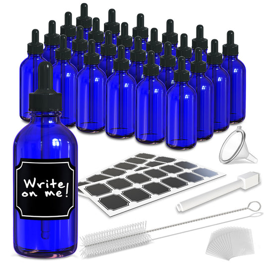 Nevlers 4 oz Cobalt Blue Glass Dropper Bottle (Set of 24) | Includes Labels, Shrink Wrap, Funnel, Brush and Marker