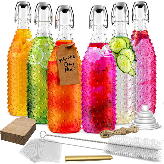 Nevlers 33 Oz Dotted Swing Top Bottles (Pack of 6) | Includes Funnel, Brush, Tags, Shrink Wrap and Marker