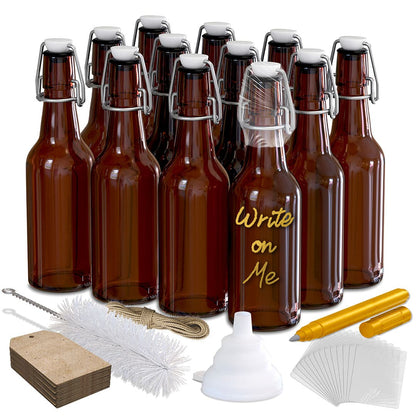 Nevlers 8.5 oz Amber Swing Top Glass Beer Bottles (Pack of 12) | Includes Funnel, Brush, Shrink Wrap, Paper Tags and Marker