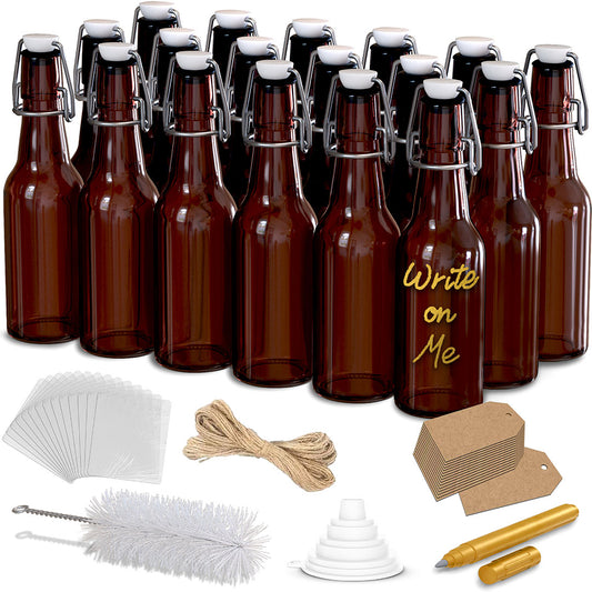 Nevlers 8.5 oz Amber Swing Top Glass Beer Bottles (Pack of 18) | Includes Funnel, Brush, Shrink Wrap, Paper Tags and Marker