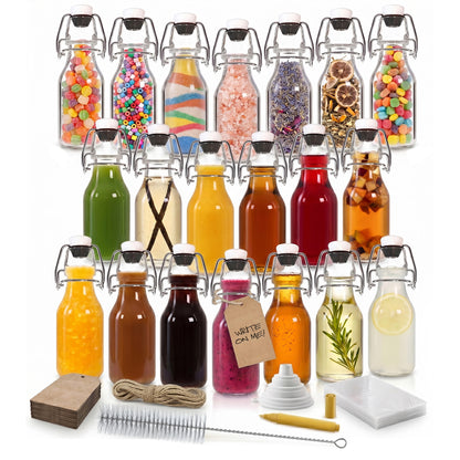 Nevlers 4 oz Round Swing Top Glass Bottles (Pack of 20) | Includes Funnel, Brush, Tags, Shrink Wrap and Marker