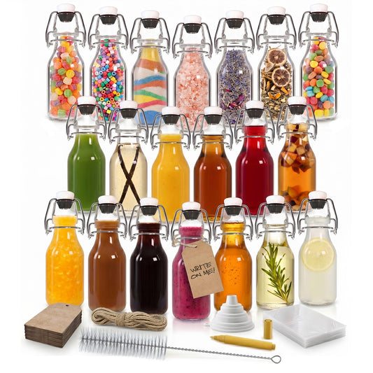 Nevlers 4 oz Round Swing Top Glass Bottles (Pack of 20) | Includes Funnel, Brush, Tags, Shrink Wrap and Marker