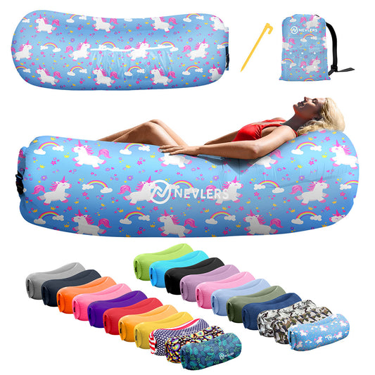 Nevlers Unicorn Print Inflatable Lounger with Travel Bag and Pockets