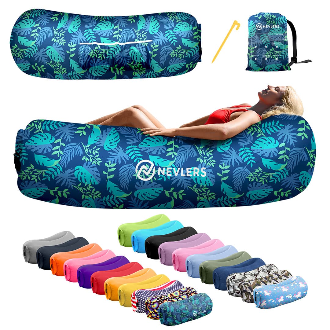Nevlers Navy Blue Leaf Inflatable Lounger with Travel Bag and Pockets