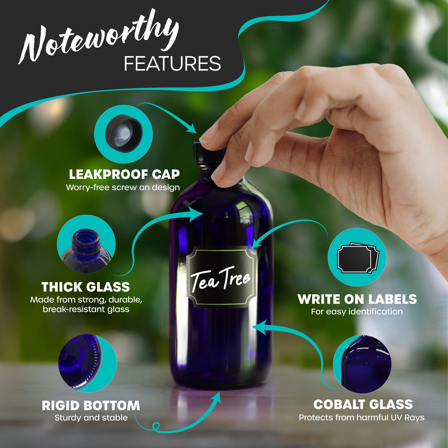 Blue Glass Boston Bottles with Twist Caps - 8 Oz