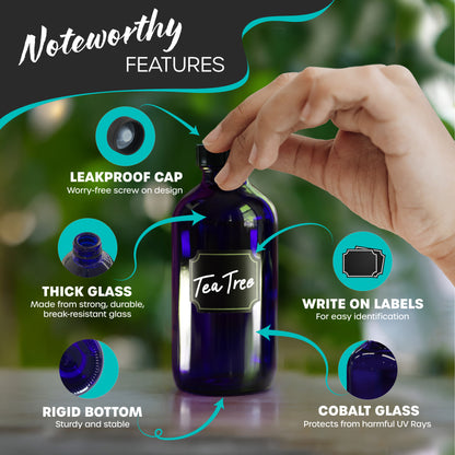 Blue Glass Boston Bottles with Twist Caps - 8 Oz