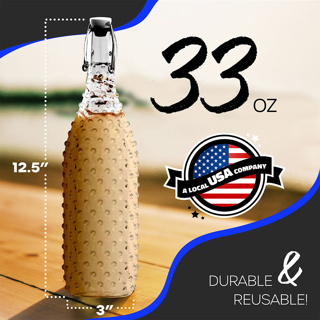 Nevlers 33 Oz Dotted Swing Top Bottles (Pack of 6) | Includes Funnel, Brush, Tags, Shrink Wrap and Marker