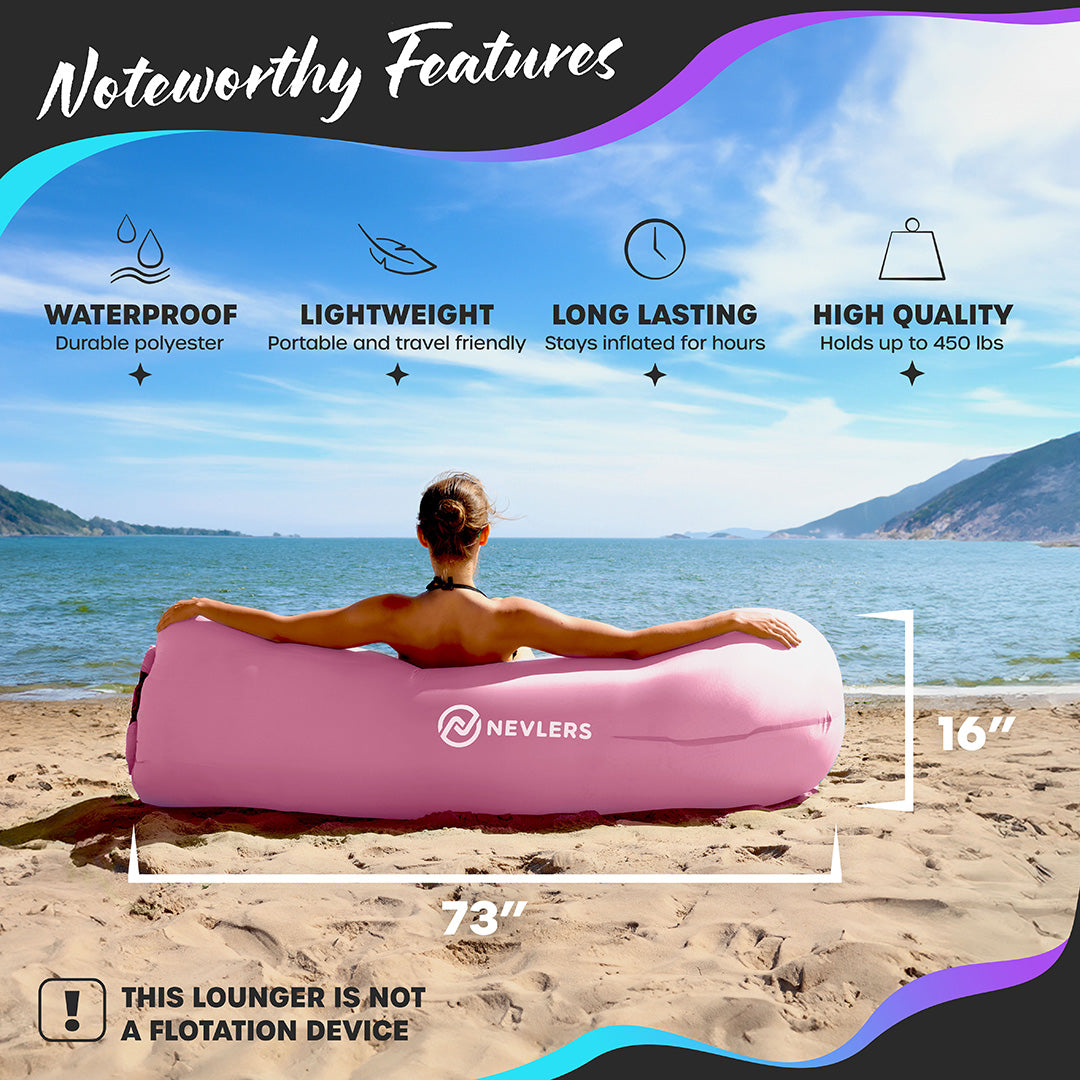 Nevlers Bubblegum Pink Inflatable Lounger with Travel Bag and Pockets