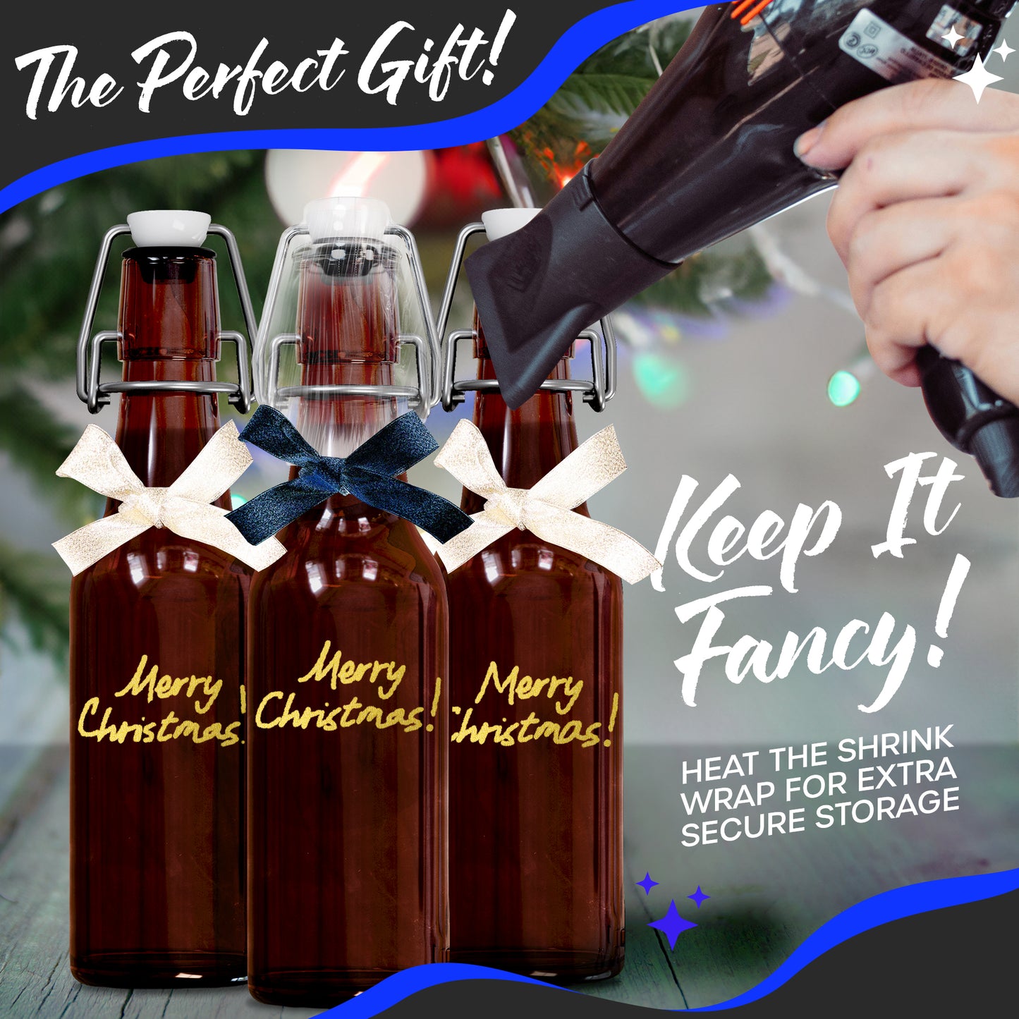 Nevlers 8.5 oz Amber Swing Top Glass Beer Bottles (Pack of 18) | Includes Funnel, Brush, Shrink Wrap, Paper Tags and Marker