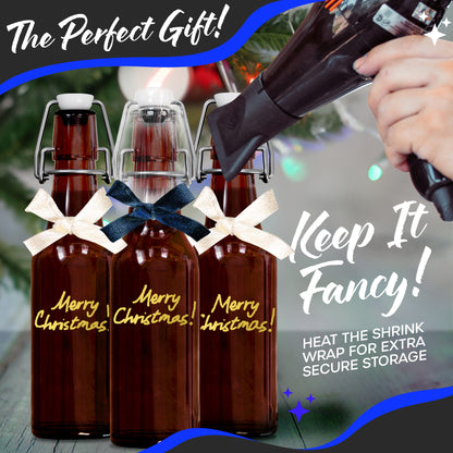 Nevlers 8.5 oz Amber Swing Top Glass Beer Bottles (Pack of 18) | Includes Funnel, Brush, Shrink Wrap, Paper Tags and Marker