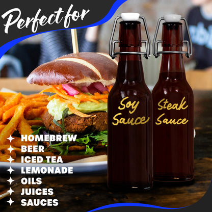 Nevlers 8.5 oz Amber Swing Top Glass Beer Bottles (Pack of 18) | Includes Funnel, Brush, Shrink Wrap, Paper Tags and Marker