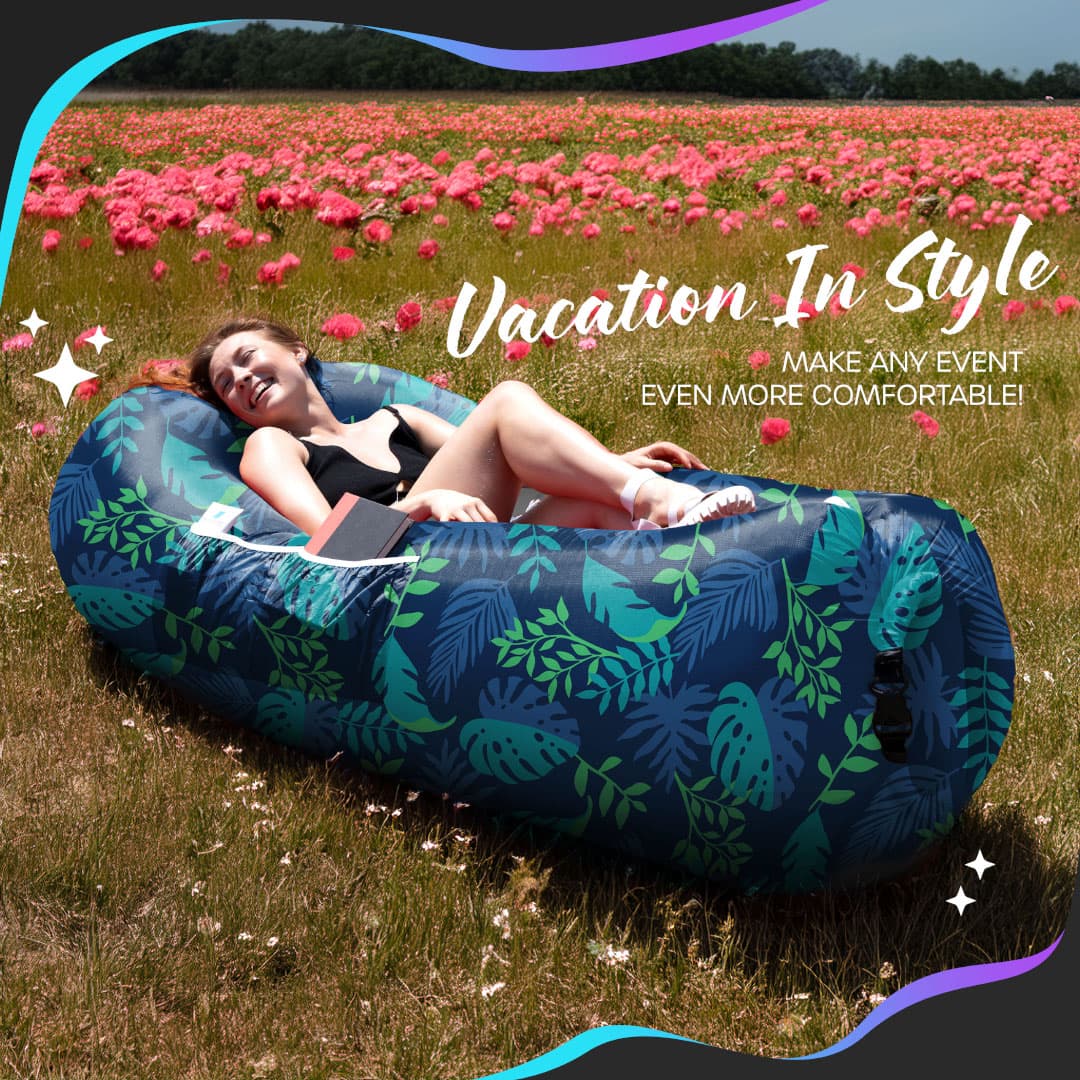 Nevlers Navy Blue Leaf Inflatable Lounger with Travel Bag and Pockets