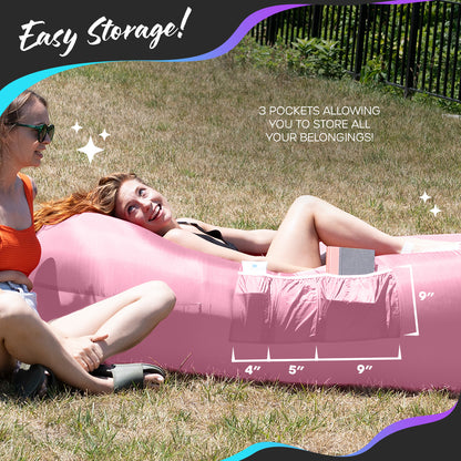 Nevlers Bubblegum Pink Inflatable Lounger with Travel Bag and Pockets