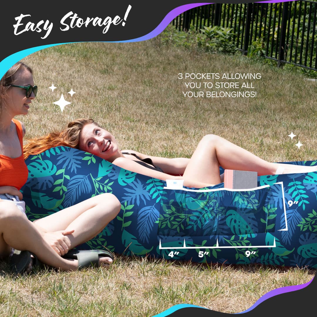 Nevlers Navy Blue Leaf Inflatable Lounger with Travel Bag and Pockets