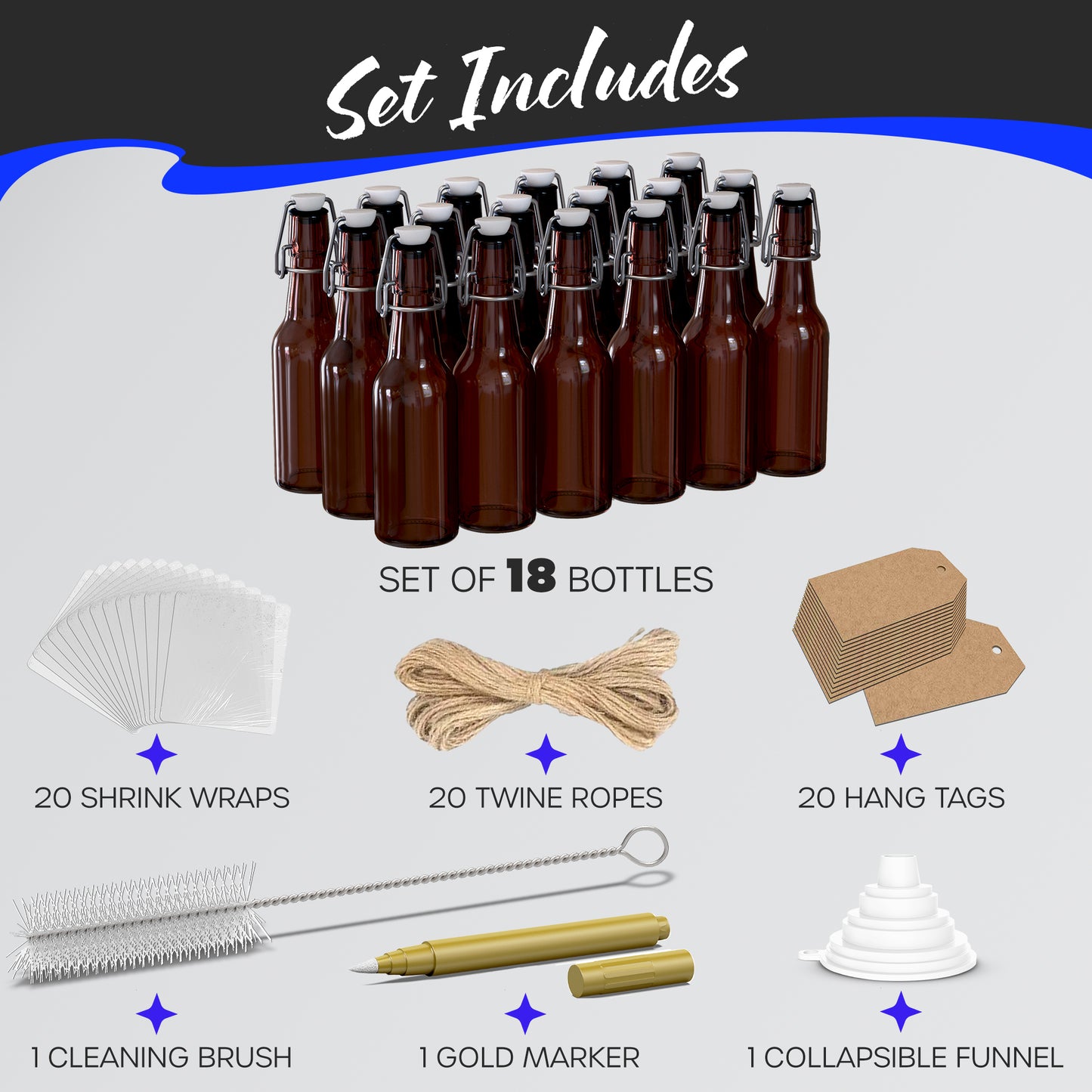 Nevlers 8.5 oz Amber Swing Top Glass Beer Bottles (Pack of 18) | Includes Funnel, Brush, Shrink Wrap, Paper Tags and Marker