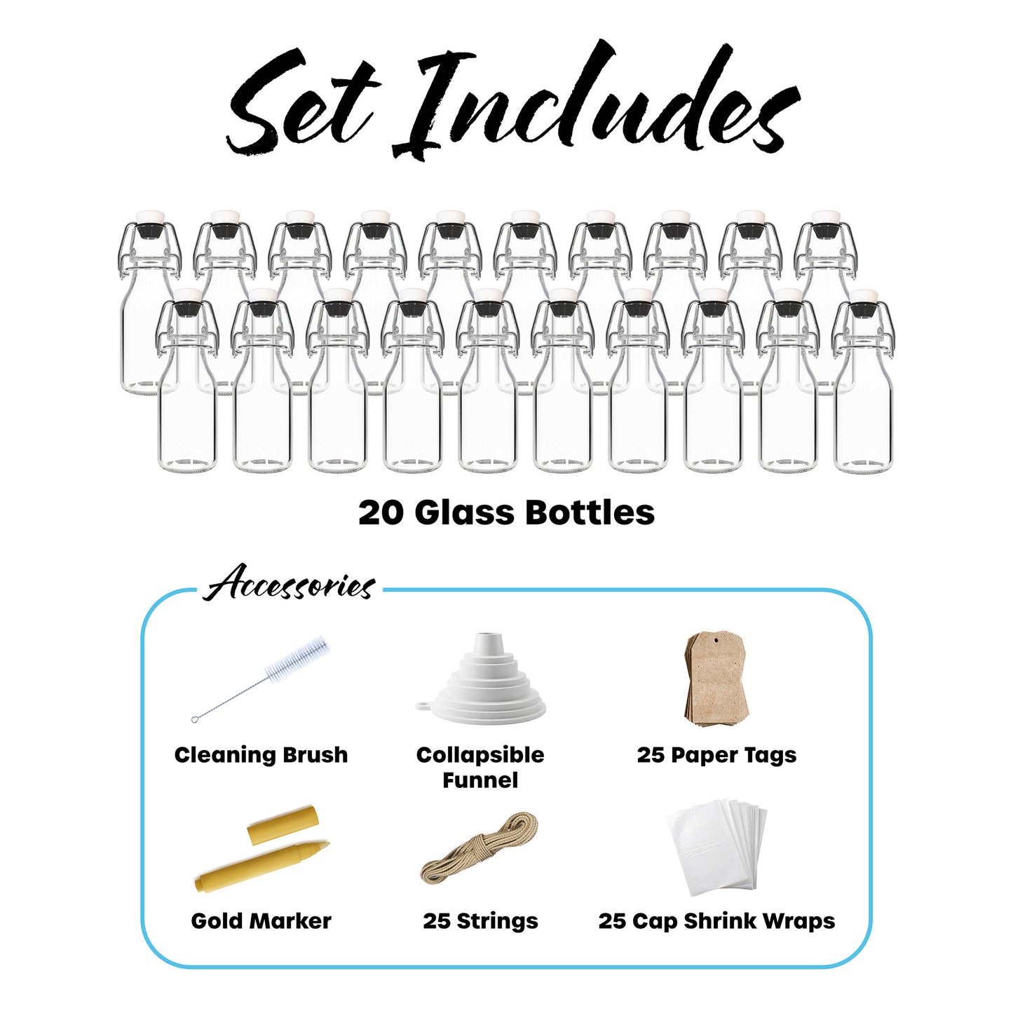Nevlers 4 oz Round Swing Top Glass Bottles (Pack of 20) | Includes Funnel, Brush, Tags, Shrink Wrap and Marker