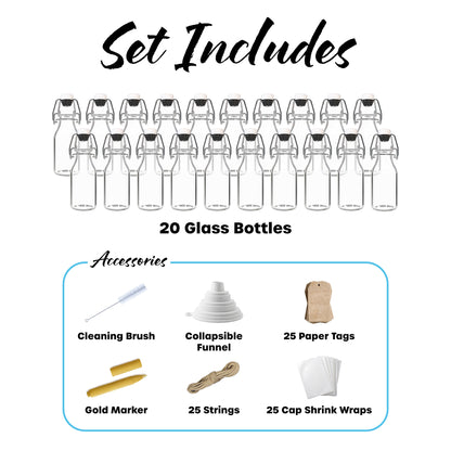 Nevlers 4 oz Round Swing Top Glass Bottles (Pack of 20) | Includes Funnel, Brush, Tags, Shrink Wrap and Marker