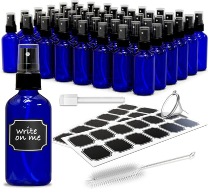 Nevlers 4 oz Cobalt Blue Glass Spray Bottles (Set of 48) | Includes Funnel, Brush and Marker