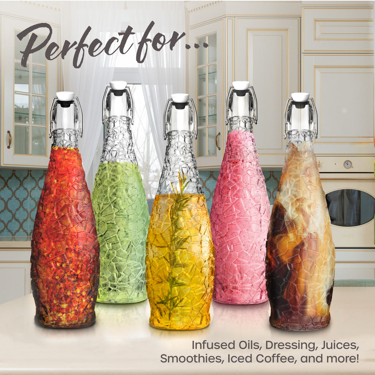 Set of 6, 33 Oz. Swing Top Glass Bottles | Textured Design