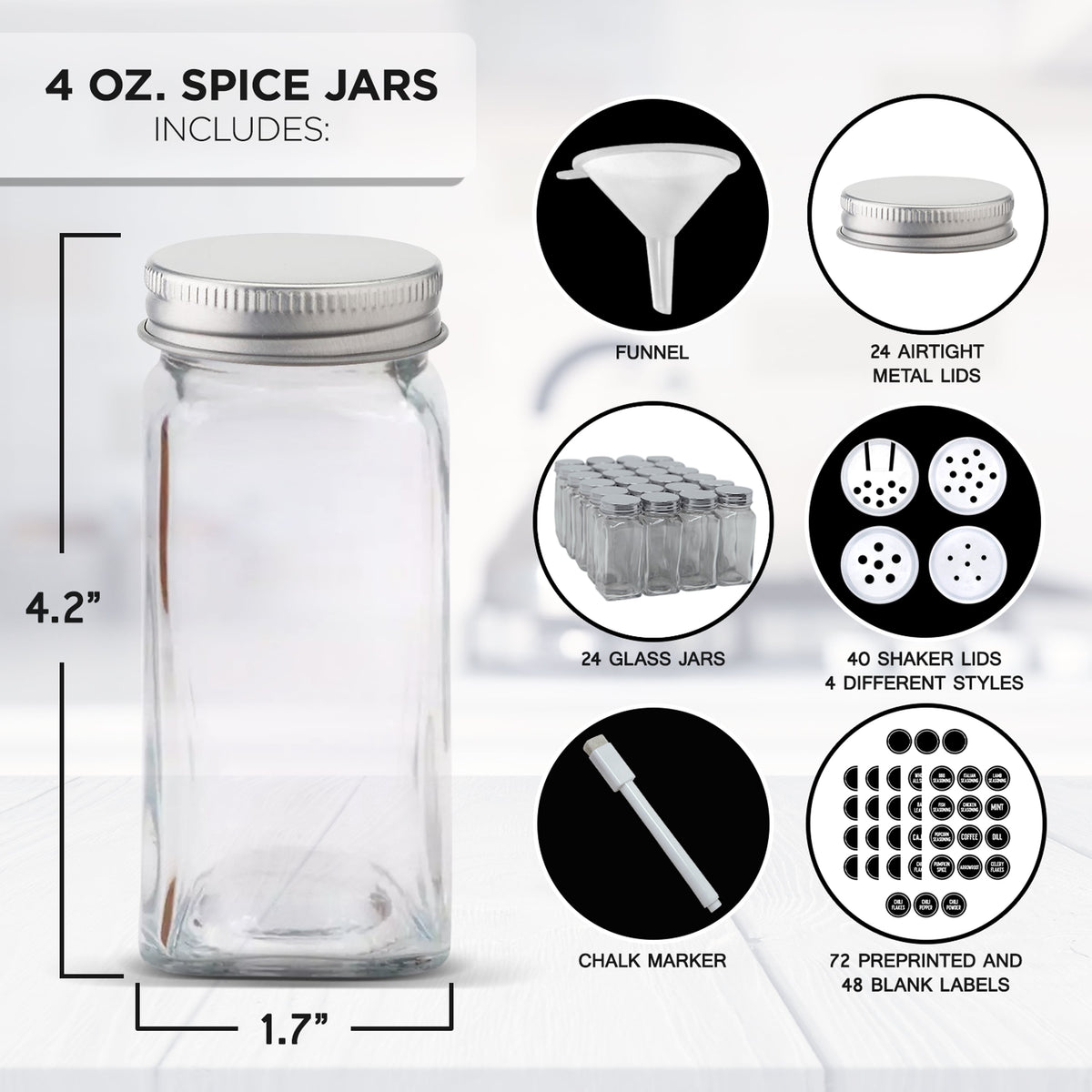 Glass Spice Jars - 4 Oz - 24 PCS