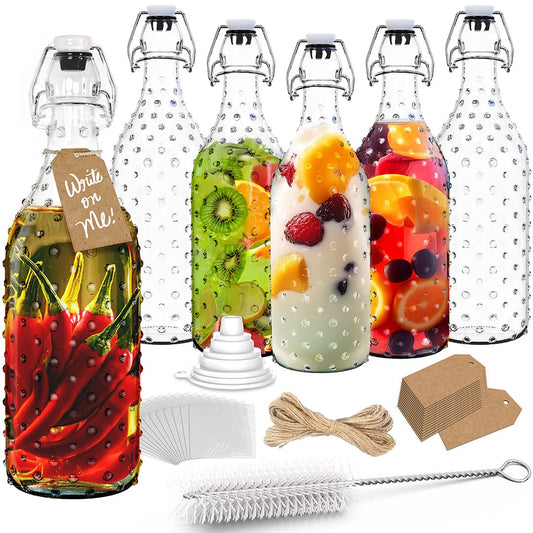 Nevlers 17 oz Dotted Swing Top Bottles (Pack of 6) | Includes Funnel, Brush, Tags, Shrink Wrap and Marker
