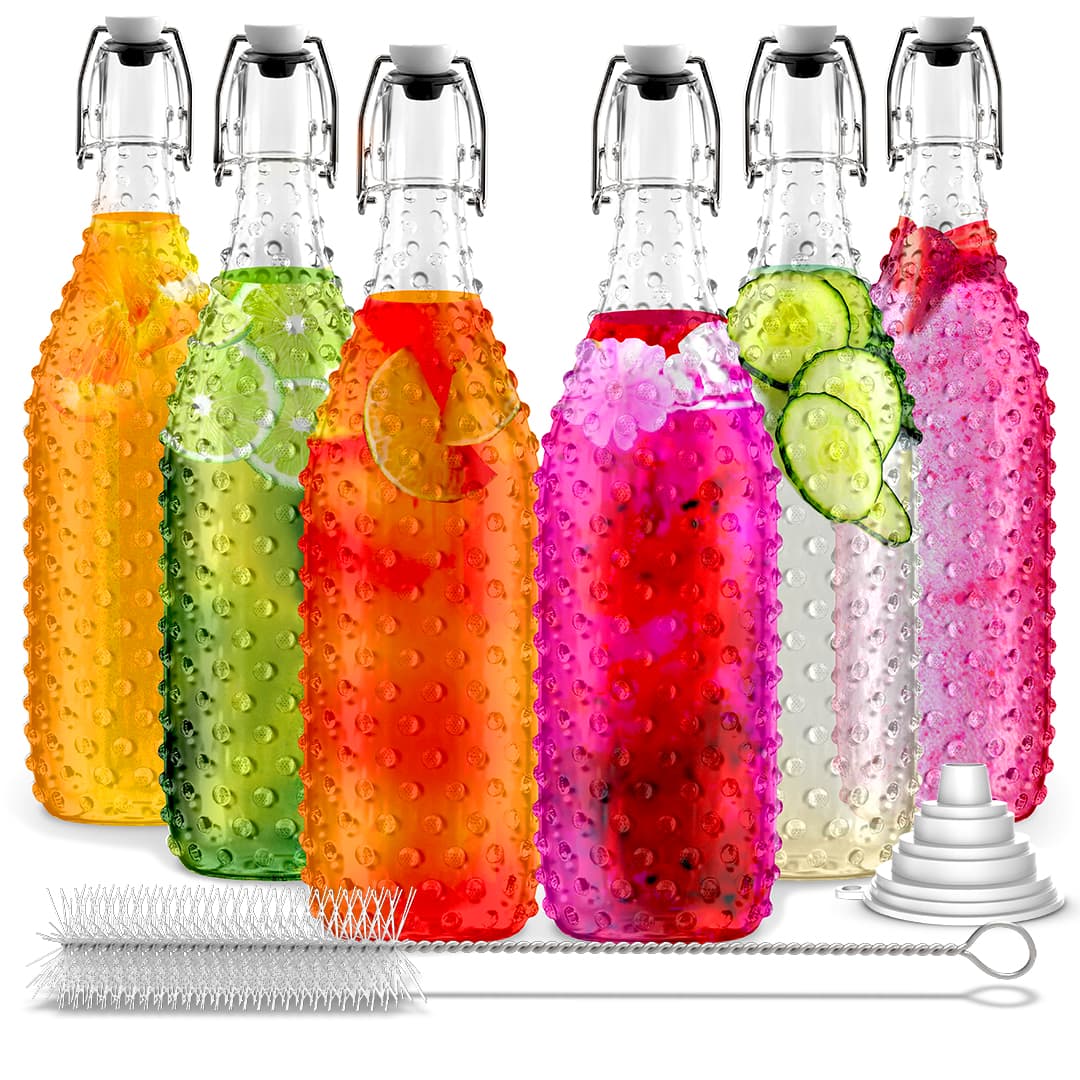 Set of 6, 33 Oz. Swing Top Glass Bottles | Dotted Design