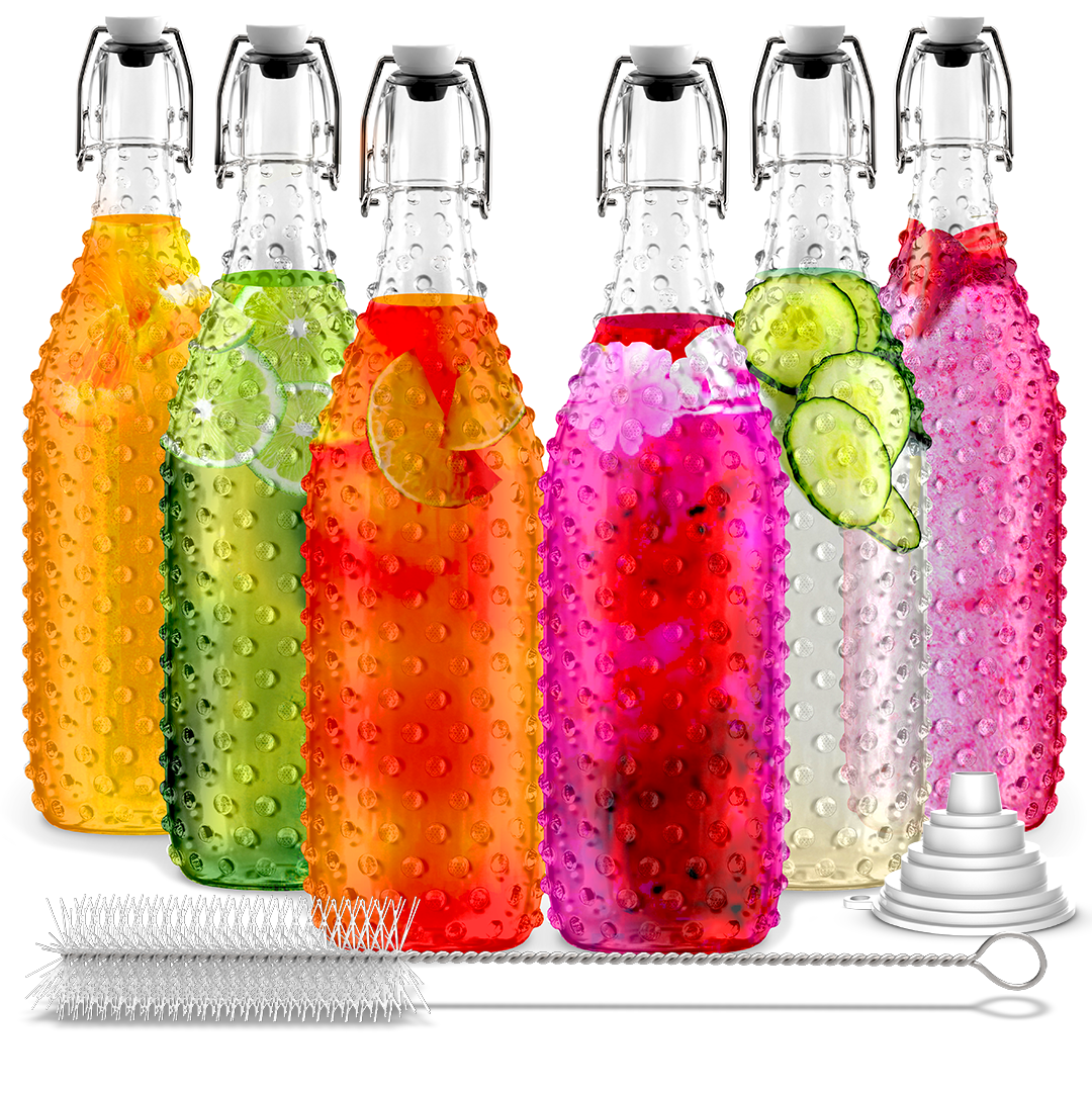 Set of 6, 33 Oz. Swing Top Glass Bottles | Dotted Design