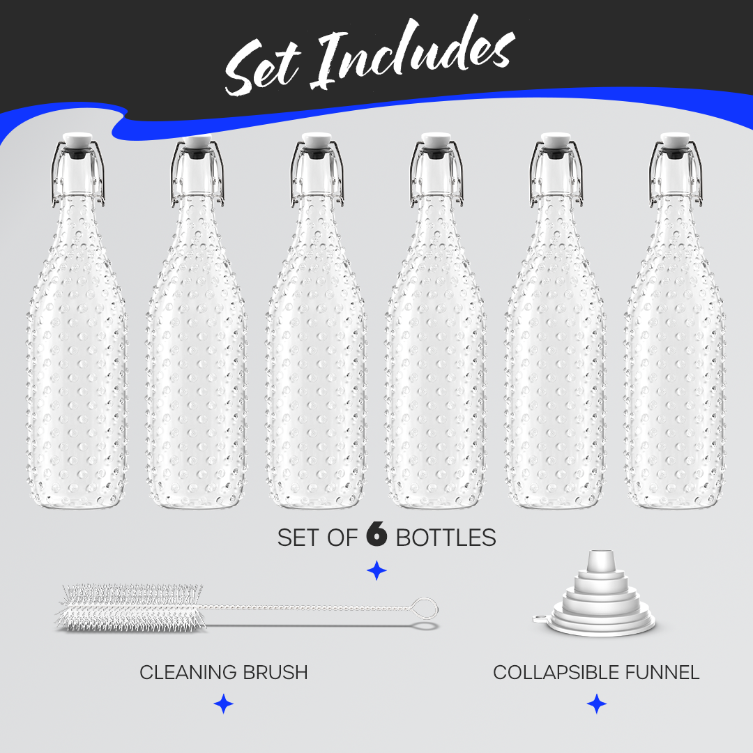 Set of 6, 33 Oz. Swing Top Glass Bottles | Dotted Design