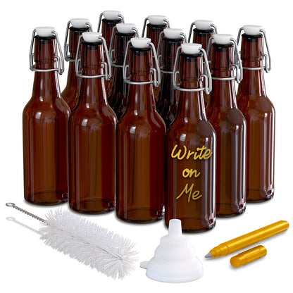 Nevlers 8.5 oz Amber Swing Top Glass Beer Bottles (Pack of 12) | Includes Funnel, Brush and Marker